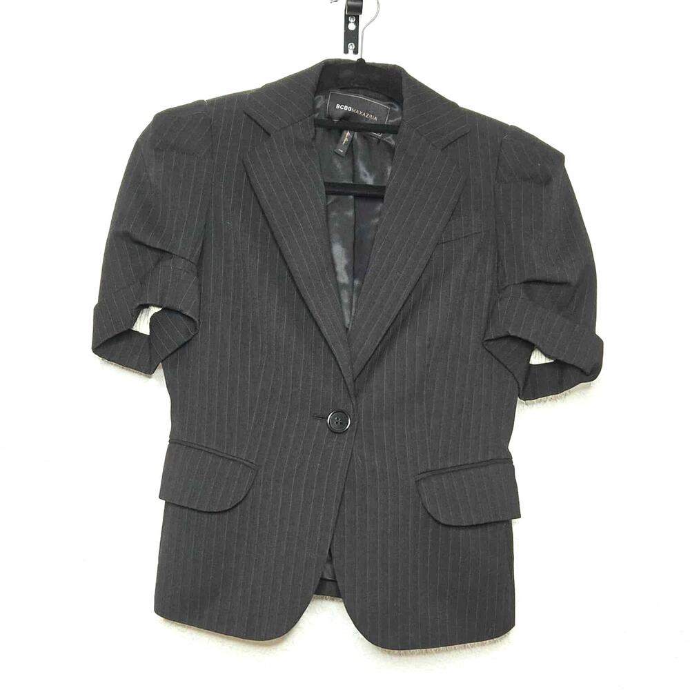 BCBGMaxazria Short Puff Sleeve Pinstripe V-neck Blazer Size XXS